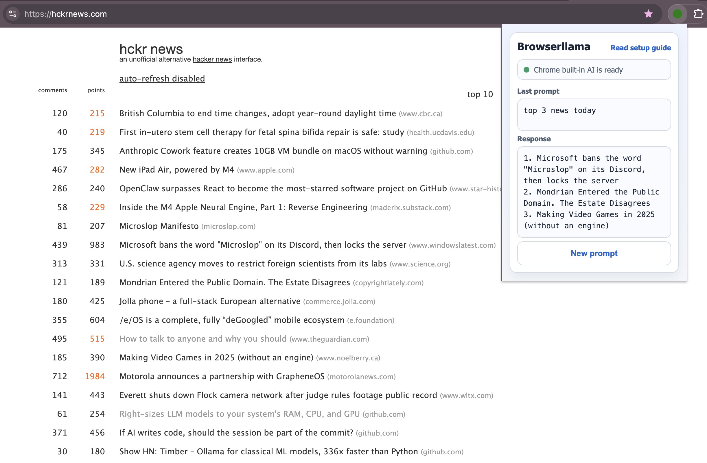 Browserllama extension popup screenshot